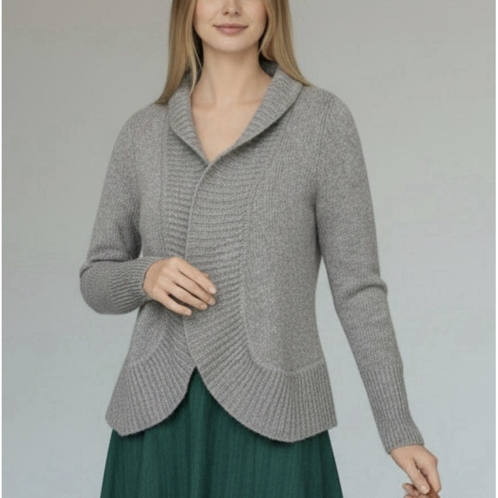 Talbots Cashmere Cardigan L Gray Shawl Draped Open Front Coastal Grandma Sweater